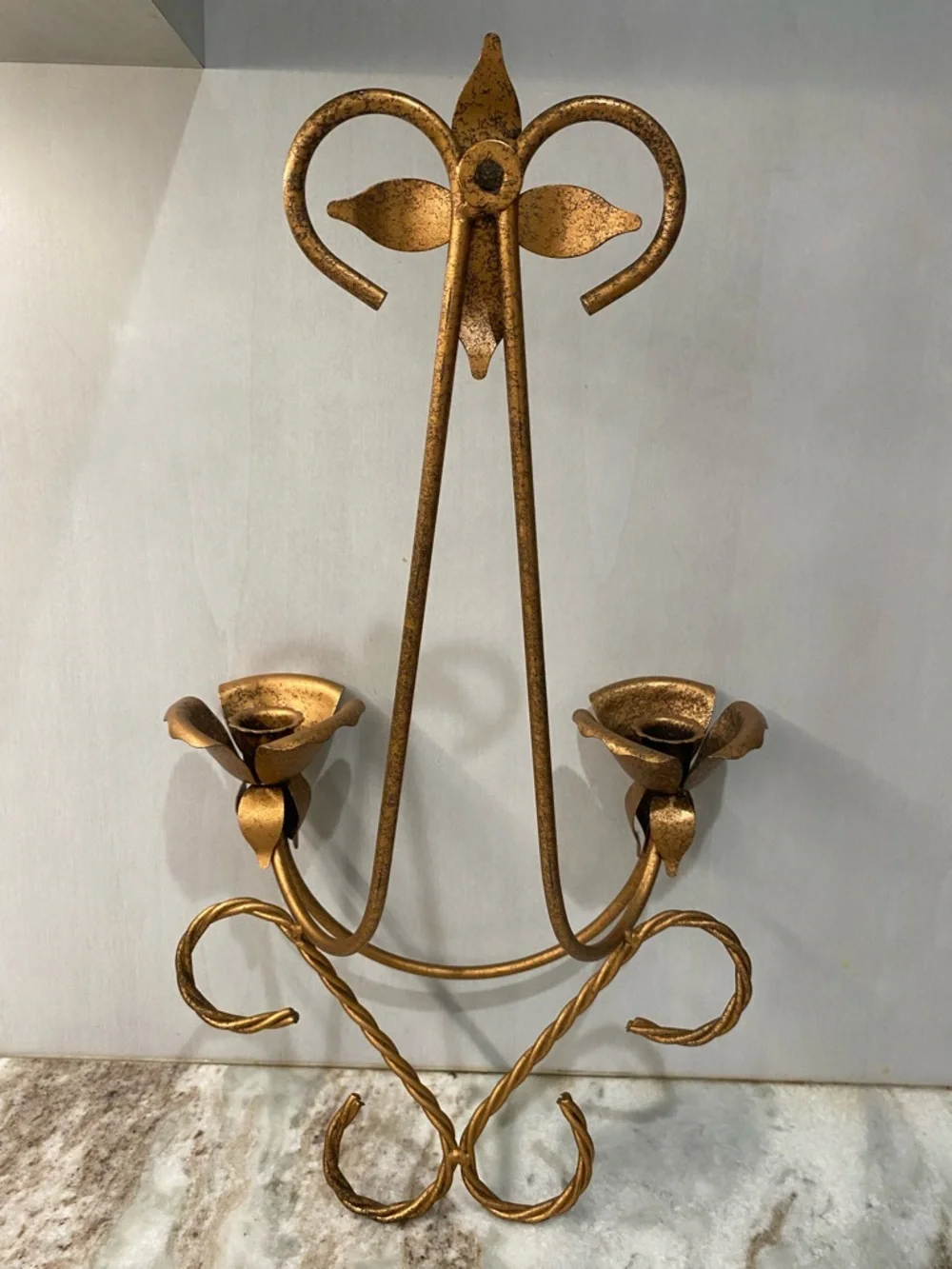 Vintage MCM Gold Metal Twisted Rope Double Wall Sconce Candle Holder